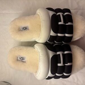 UGG Black and Cream Fuzzy Slippers